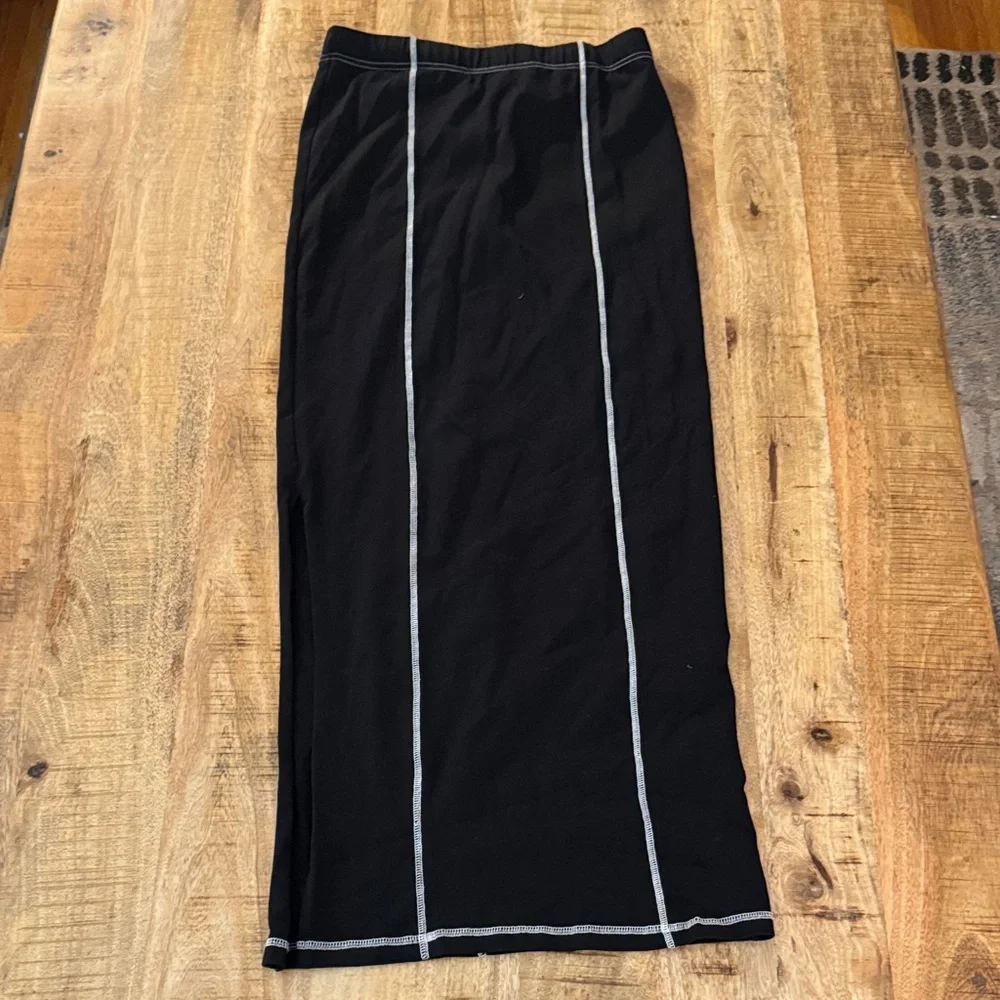 Noisy May Iconic High Waist HW white stitch Black ankle maxi bodycon skirt